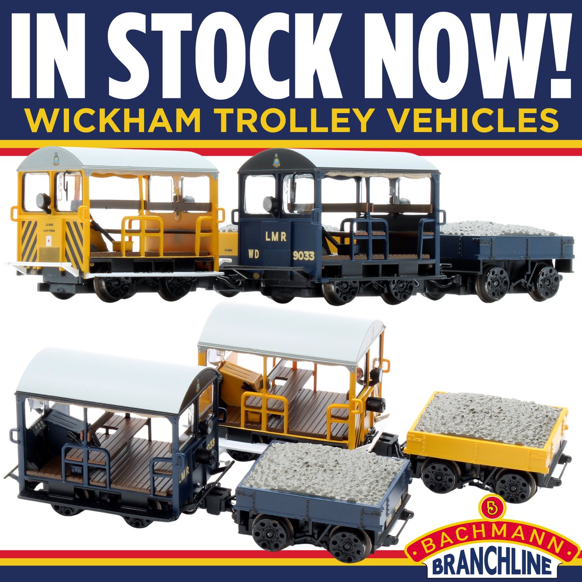 😍 The diminutive "Wickham Trolleys" are now back at Rails! We've just received two new editions from Bachmann in Engineers yellow and Longmoor Military Railway liveries.  Shop now for £84.95 each: tinyurl.com/ypbknhj4
