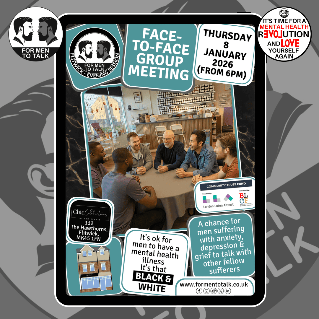 ForMenToTalk's tweet image. If you’ve been feeling #anxious, low or just need someone to talk to, you don’t have to face it alone. Join @formentotalk #Flitwick (Evening Session) tomorrow (Thurs 8 Jan) at 6pm at Chic Celebrations. A relaxed space for men to share, listen &amp;amp; support one another. #mentalhealth