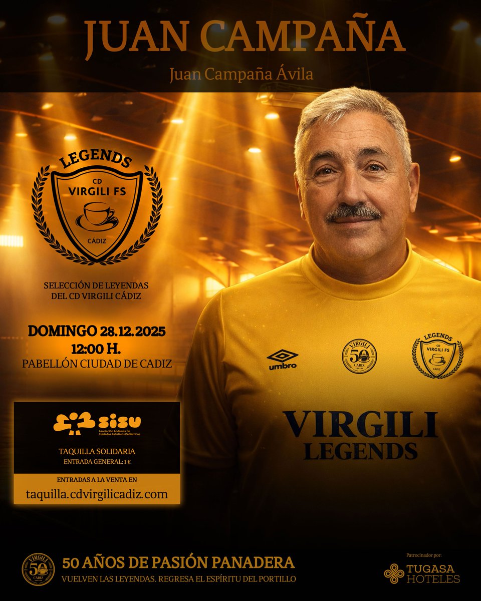 CDVirgiliCadiz's tweet photo. Hay nombres que no se presentan. 
Hay nombres que hicieron al Virgili eterno.

El primero en llevar estos colores al mundo, el primer internacional panadero.

Juan Campaña estará en el #VirgiliLegends

🗓️Dom. 28/12
🕛12:00 h
🏟️Pab. Ciudad de Cádiz
🎟️https://t.co/GtbEfUqKqs 💛💙 https://t.co/M7uK9Ji5vj