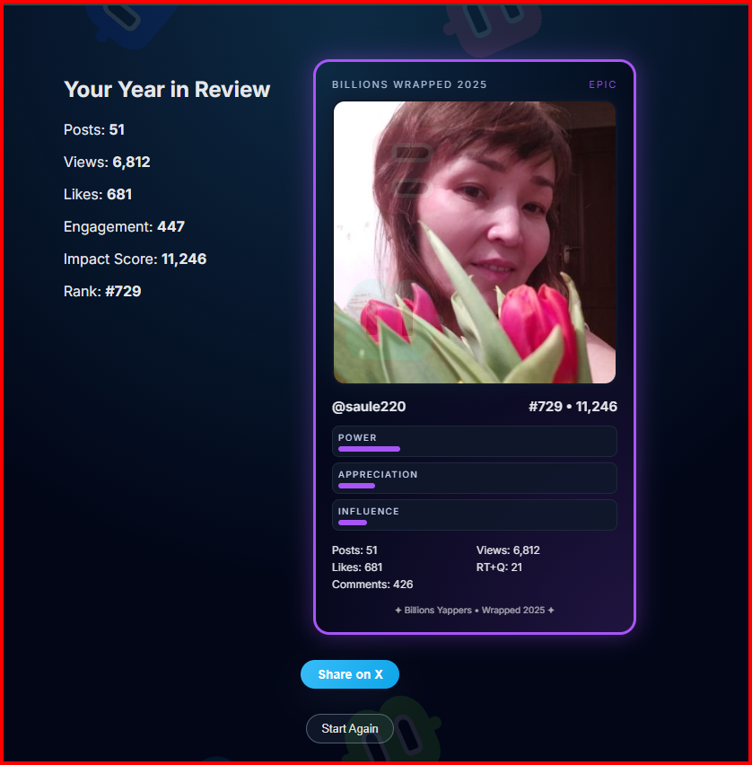 I’m finishing this year with Billions with rank #729! Check your Wrapped!

…lions-yappers-wrapped-2025.vercel.app

I really liked my result, thanks <a href="/Makssay_eth/">Makssay.base.eth 🪸 🌕</a> <a href="/jgonzalezferrer/">Javi🥥.eth</a> 

gBillions