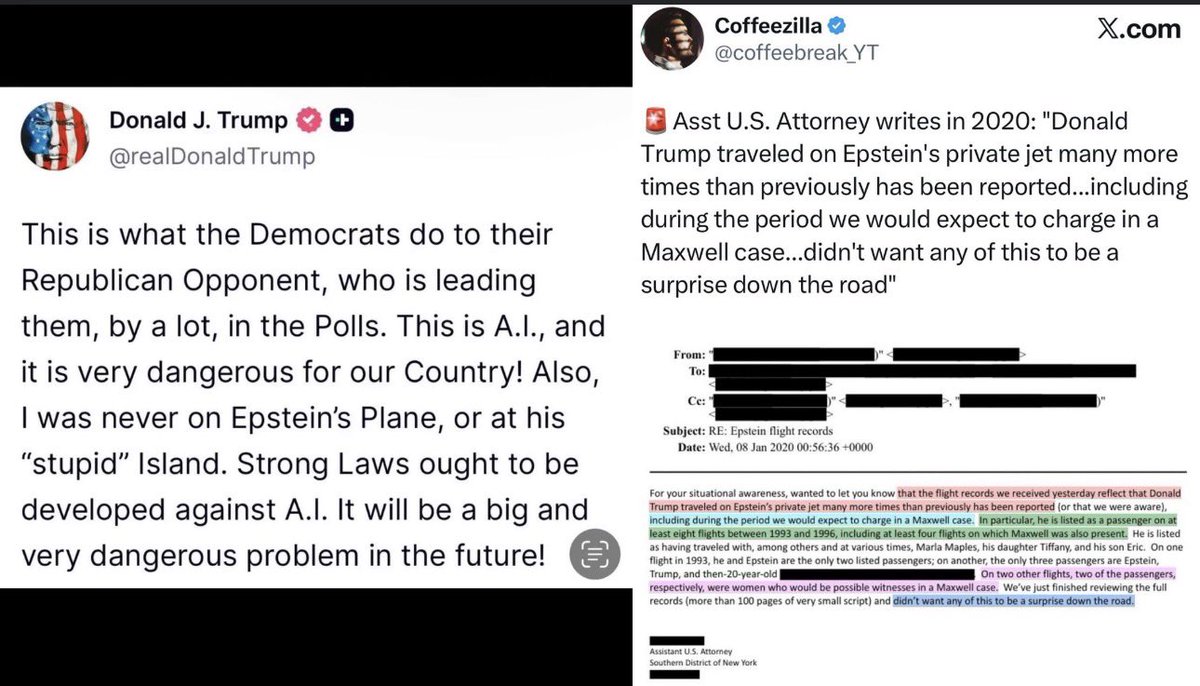 Trump: “I was never on Epstein’s plane” 

AUSA: “Trump traveled on Epstein’s private jet many more times than previously reported, including during the Maxwell charging period”