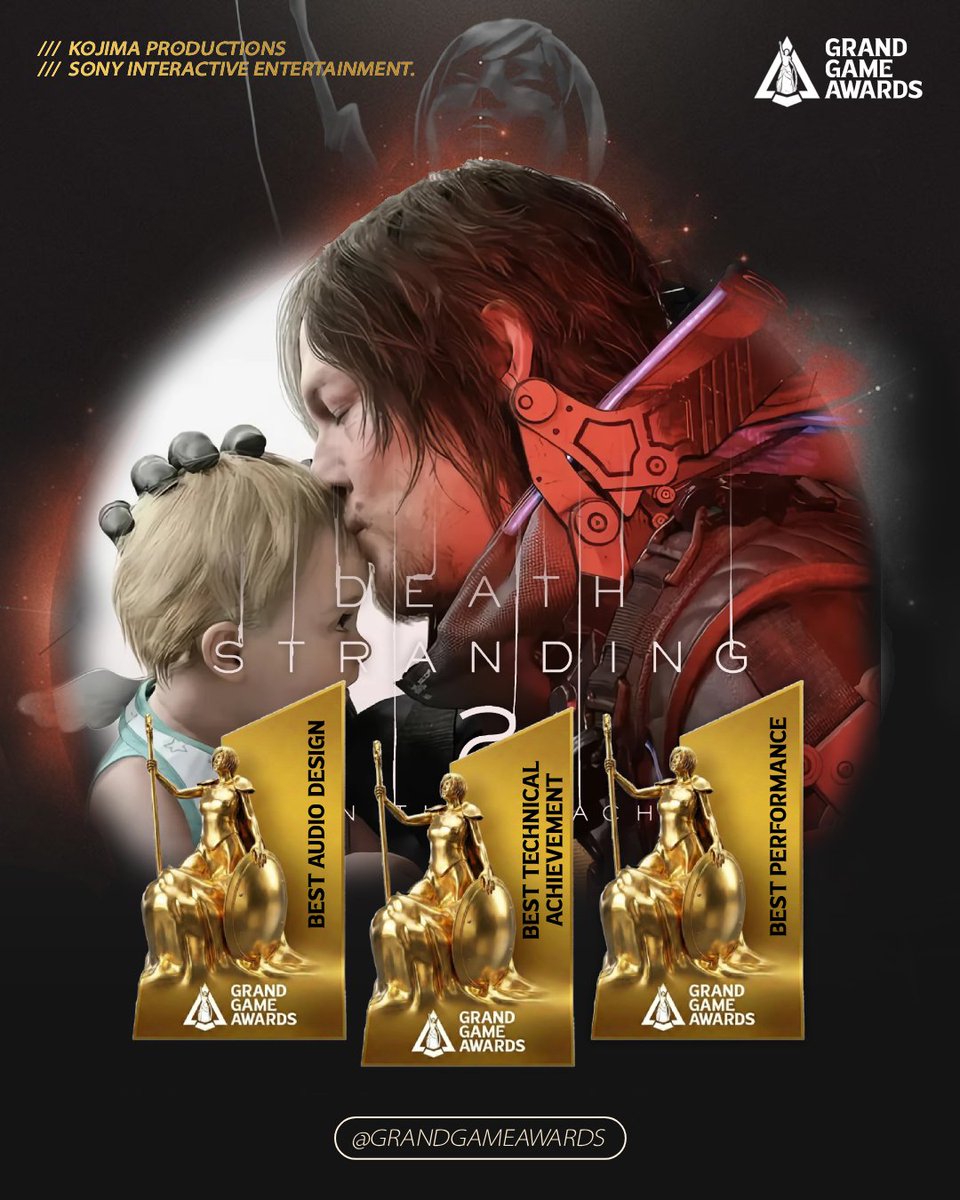 grandgameawards's tweet image. Congratulations to @KojiPro2015_EN and @HIDEO_KOJIMA_EN for Death Stranding 2 on the Beach winning three awards at the Grand Game Awards 2025
🏆Best Audio Design
🏆Best Technical Achievement
🏆Best Performance with Norman Reedus as Sam Porter Bridges - @wwwbigbaldhead