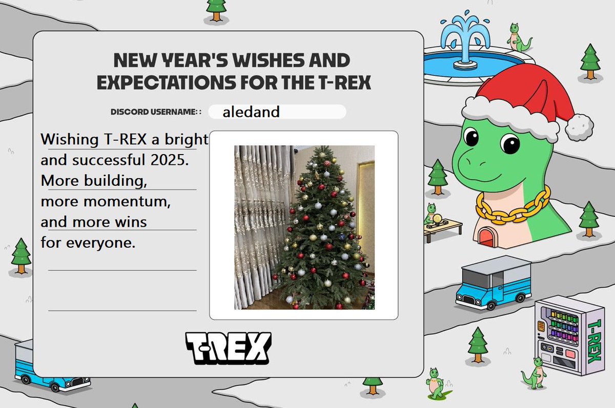 eishali's tweet photo. Wishing T-REX a bright and successful 2025.
More building, more momentum, and more wins for everyone.
#REXmas
@TREX_chain 
@CryptoKaleo 
@blueprintluke https://t.co/bVFATtBNqm