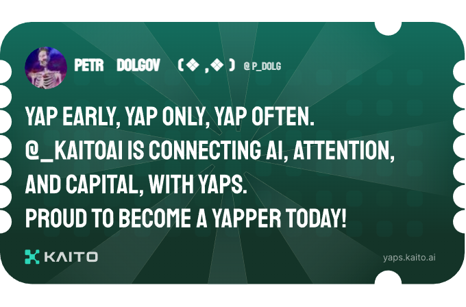 p_dolg's tweet photo. Yap early, yap only, yap often.

@KaitoAI is connecting AI, attention and capital with Yaps.

Just claimed my social card and I'm accumulating Yap points in real-time.

Claim yours 👉 https://t.co/zU4X0yWOu2 https://t.co/JEEHq3av4N