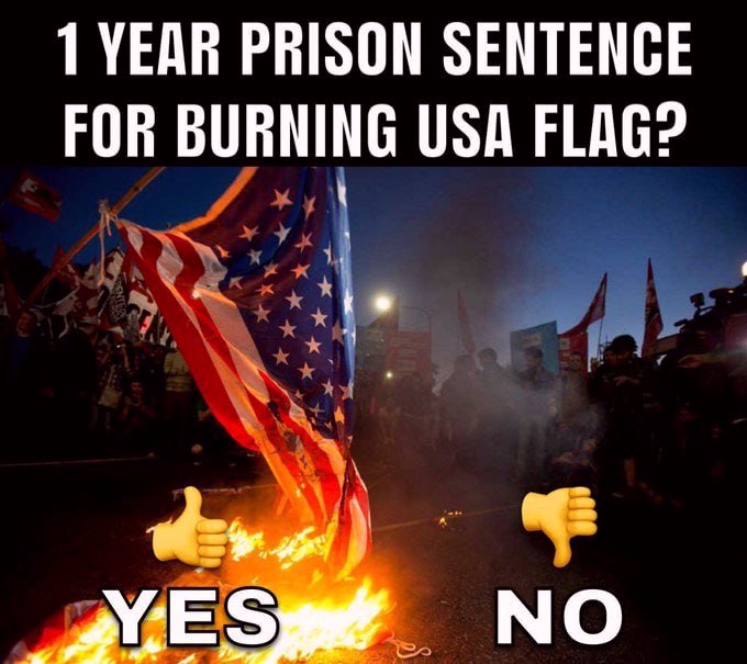 StandUpForFact's tweet image. 🚨POLL: President Trump has called for a MINIMUM 1 year prison sentence for anyone caught burning the American flag.

Do you support this?

A. YES
B. NO
