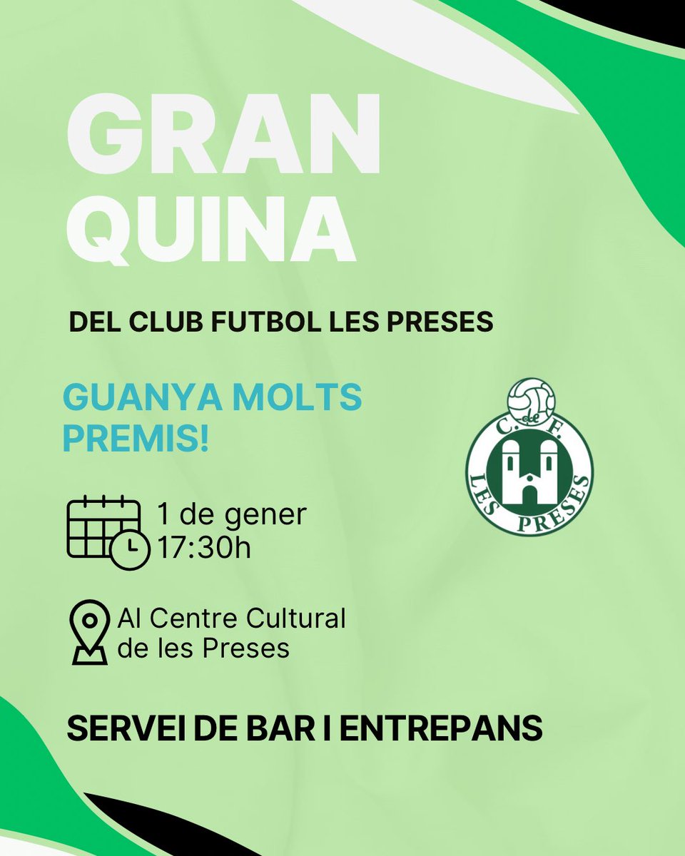🎟️GRAN QUINA DEL CF LES PRESES🎟️

Començar l’any al costat de la gent del club és el millor que es pot fer🤙

Quintos, quines, quina solidària, sortejos i moltes sorpreses més🫵🏻

Agraïr a tots els col•laboradors perquè sense ells seria impossible poder-la tirar endavant❤️