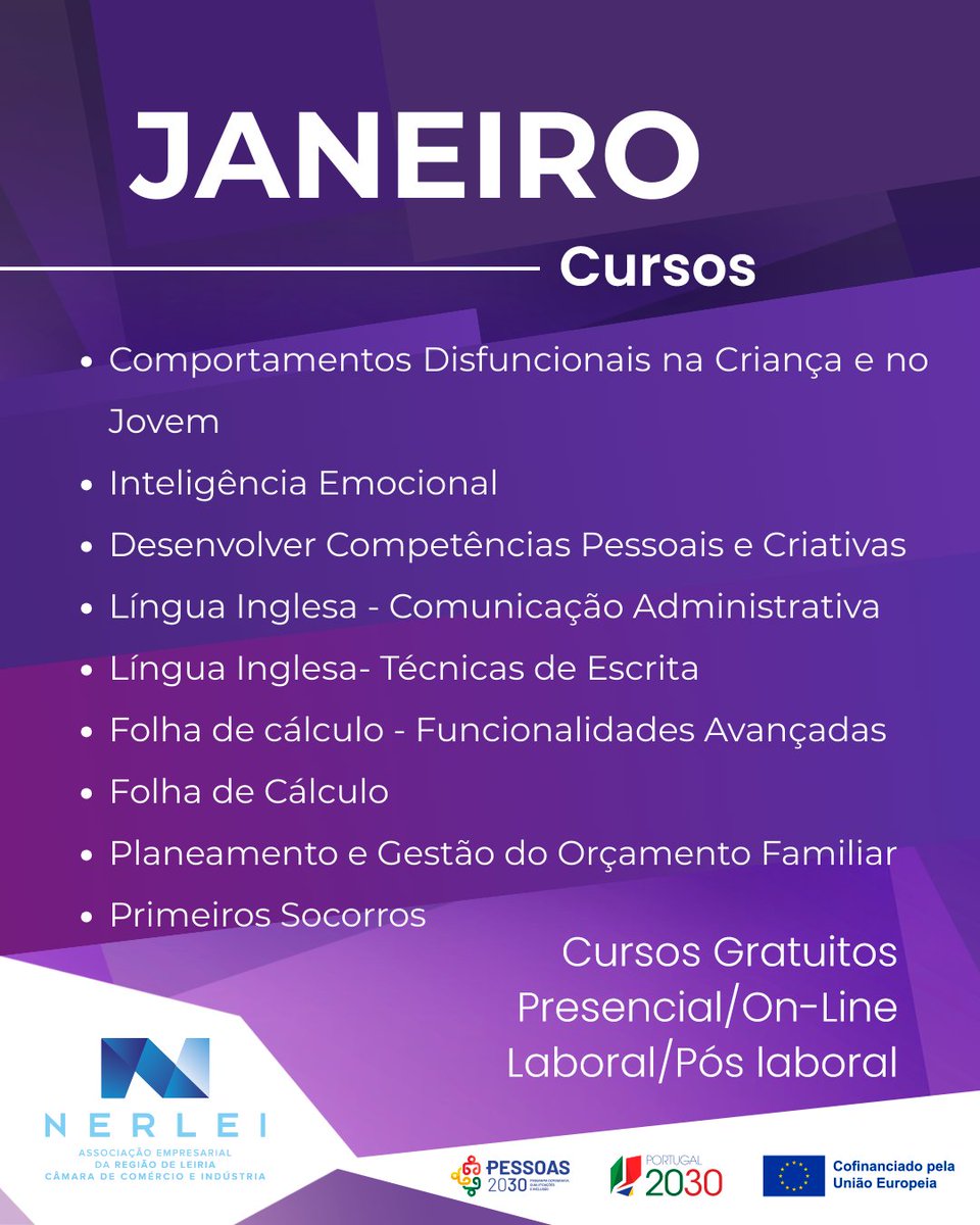 ✨ Janeiro = novas oportunidades!
Cursos gratuitos em várias áreas: línguas, digital, desenvolvimento pessoal, primeiros socorros e mais!

📚 Online e presencial | Laboral e pós-laboral
Vagas limitadas 🚀

👉 Consulte a oferta e inscreva-se aqui: 
🔗nerleiwebinar.pt/?n_page=1&n_it…