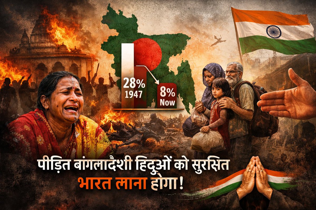 anilmonbjp's tweet photo. माननीय प्रधानमंत्री जी @narendramodi एवं आदरणीय @PMOIndia, बांग्लादेश में हिंदू आबादी 1947 में लगभग 28% थी, जो आज घटकर 8% से भी कम रह गई है - कारण रहे भूमि जब्ती, सुनियोजित हिंसा, लगातार पलायन और 2024 के बाद फिर से हत्याएं, मंदिरों पर हमले व भय का माहौल। यह केवल अल्पसंख्यकों का नहीं बल्कि गंभीर मानवाधिकार और सभ्यतागत चिंता का विषय है। भारत से ऐतिहासिक, सांस्कृतिक रूप से जुड़े इन पीड़ित हिंदुओं की सुरक्षा सुनिश्चित करने और जो परिवार भारत आना चाहते हैं, उन्हें सुरक्षित रूप से भारत लाने हेतु ठोस और त्वरित कदम उठाए जाएं। 🇮🇳🙏 #SaveBangladeshiHindus
