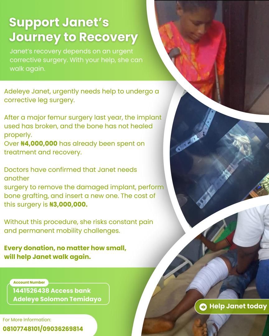 De_Ziondebi's tweet photo. Help Janet Walk Again ❗️🙏🙏🙏
Support for Urgent Leg Surgery🚨

Thank you for your kindness and support. 🙏@kingtundeedunt  @Wizarab10 @Nansjccondo https://t.co/zvt4P7CQJ5