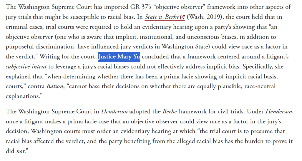 arctotherium42's tweet image. The Washington Supreme Court has effectively ruled that you must prove you are not racist if you're on the other side of a court case with a black person. Merely showing your arguments are race-neutral is not enough. Decision written by Justice Mary Yu.