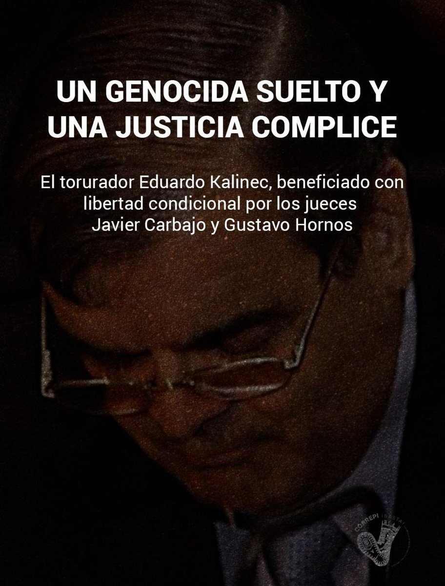 Eduardo Kalinec, ex policía federal condenado a prisión perpetua por delitos de lesa humanidad cometidos en los centros clandestinos de Atlético, Banco y Olimpo, fue beneficiado por los jueces Javier Carbajo y Gustavo Hornos con la libertad condicional.

#BastaDeImpunidad