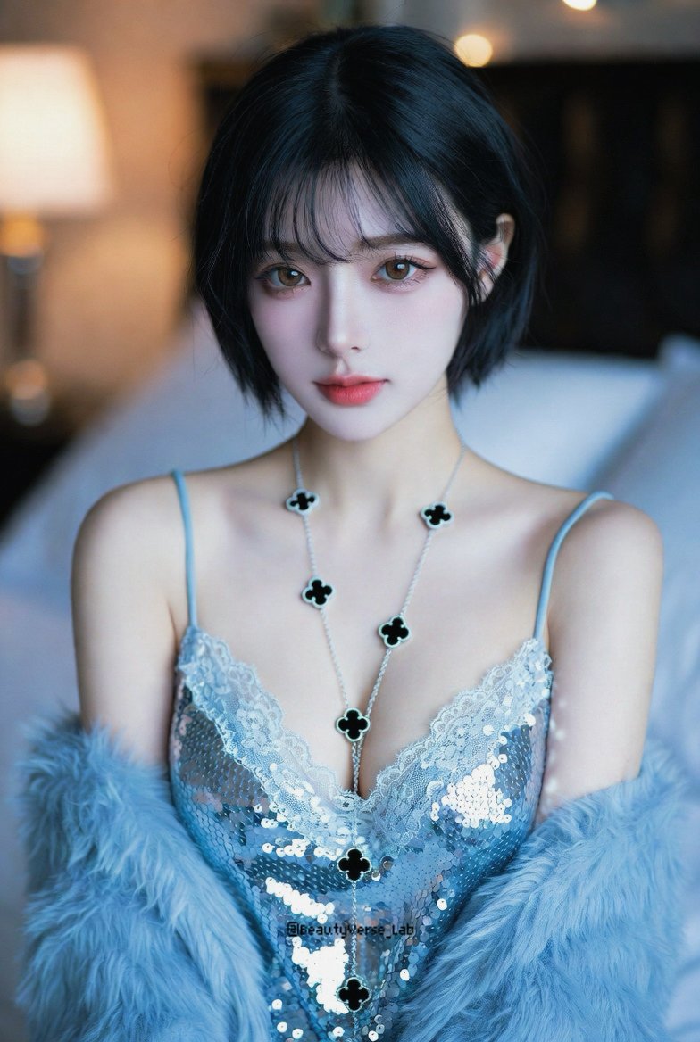Ice-Blue Sequin Elegance: K-Pop Inspired Portrait