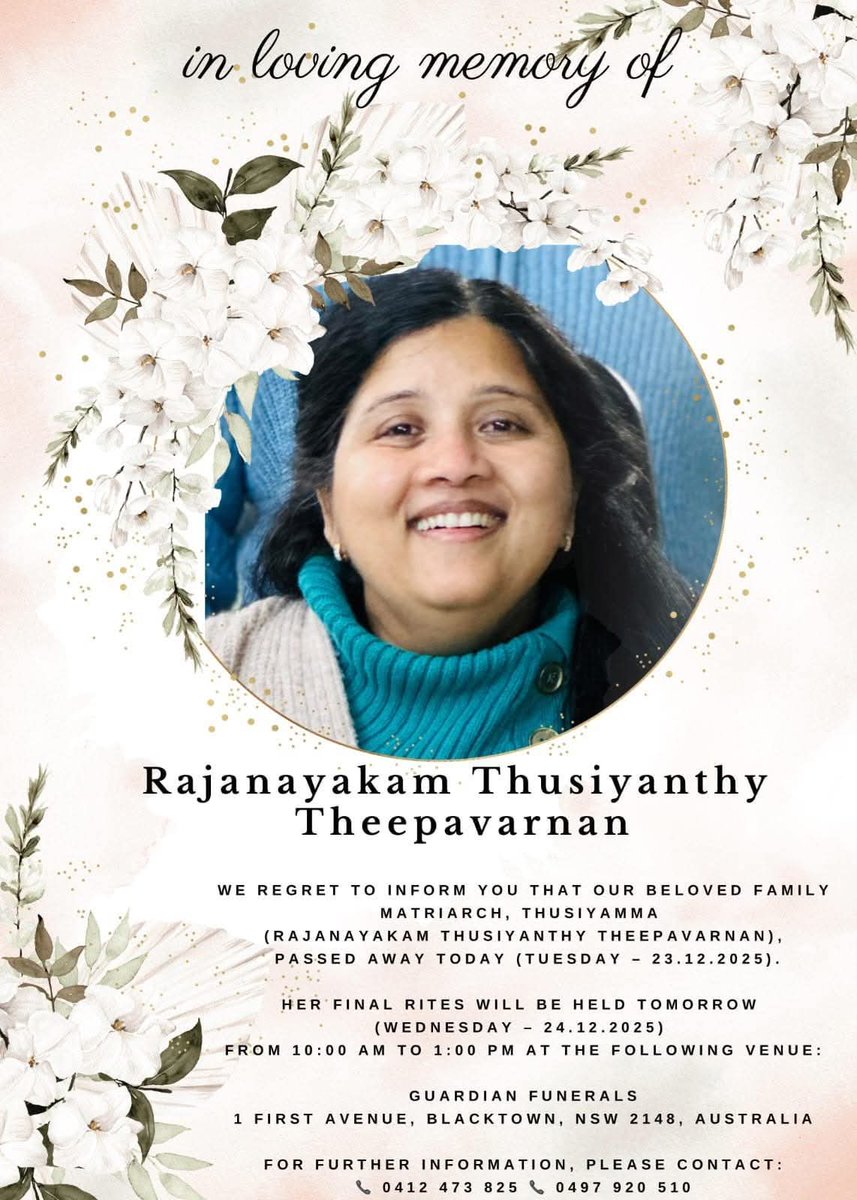 தமிழீழ விடுதலைப்புலிகளின் கடற்புலிகள் மகளிர் படையணியில் தேசவிடுதலைக்காக பல களங்கள்
பல்துறை பணிகளிலும் இறுதிவரை பயணித்த மகளிர் போராளி வைதேகி அக்கா 23.12.2025 இன்று சுகயீனம் காரணமாக ஆஸ்திரேலியாவில் சாவடைந்துள்ளார்.
அவருக்கு எமது இறுதிவணக்கத்தை தெரிவித்துக்கொள்கின்றோம்.

வீரவணக்கம்