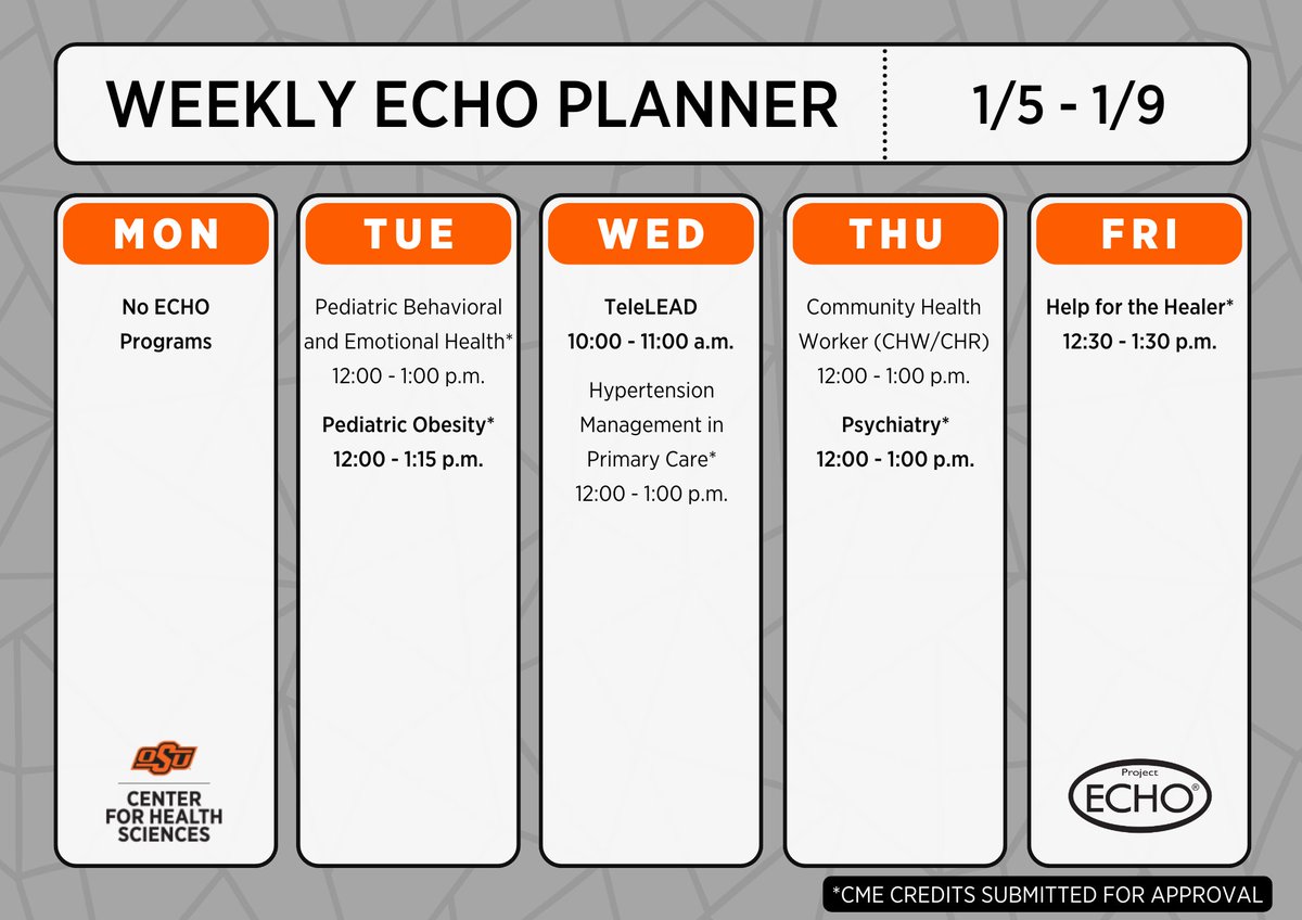 OKStateECHO's tweet image. HELLO 2026! Plan your week with Project ECHO. We can't wait to see you 🤩🥳

Use our one-time registration by visiting: redcap.link/OSU_ECHO_Regis…

#OSUProjectECHO #iecho #pediatricpsychiatry #pediatricobesity #hpnri #principals #hypertensionmanagement #psychiatry #helpforthehealer