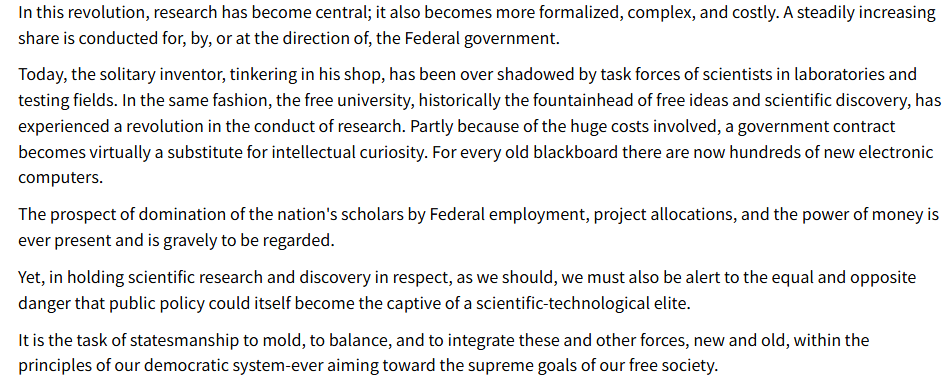 AndrewCFollett's tweet photo. @elonmusk Professors no longer ask:
1: What is true?
2: What explains reality?

They ask "What keeps my grant?"

President Eisenhower WARNED US about exactly this in his farewell speech, right after warning us about the Military Industrial Complex. https://t.co/GXYmMAlvX3