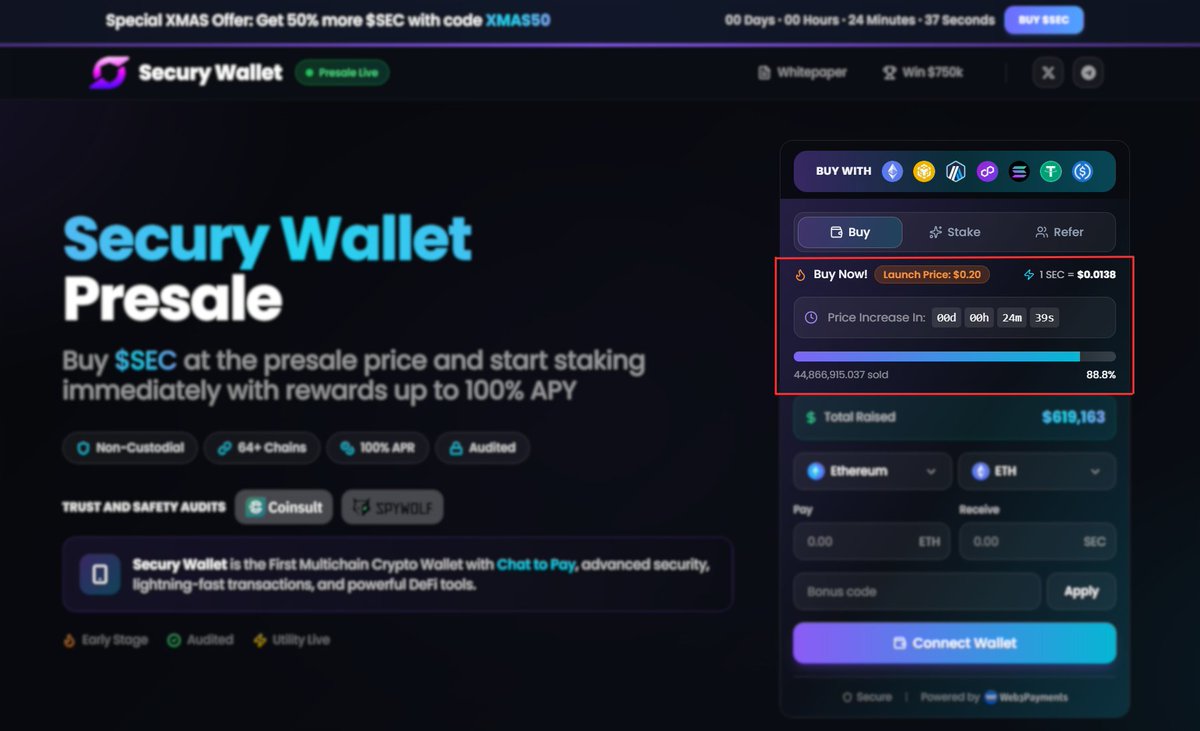 SecuryWallet's tweet image. $SEC PRESALE PRICE WILL INCREASE IN FEW MINS! ⚡️

• Current price: $0.0138 per $SEC
• Next price: $0.0138 per $SEC
• Launch price: $0.20 per $SEC

Bonus Code XMAS50 (50% Bonus) can't be used in Next Stage ⛔️ 

Join Presale ➡️ presale.securywallet.com

$SEC to the moon 🚀
