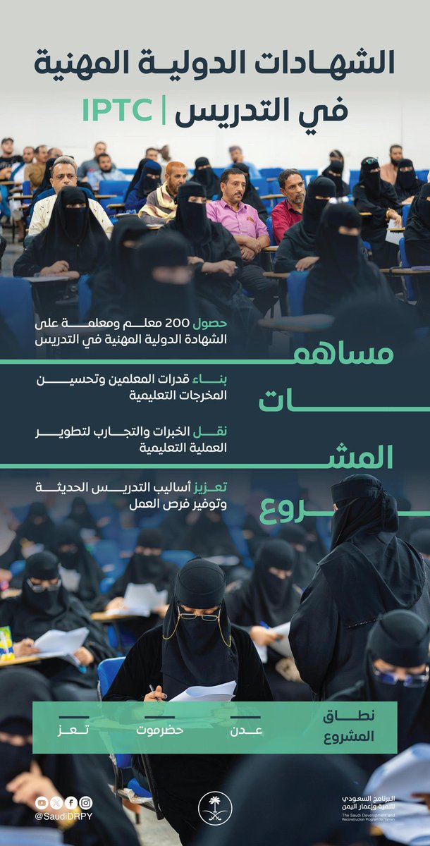 من خلال مشروع الشهادات الدولية المهنية في التدريس (IPTC) في #عدن و#حضرموت و#تعز، يسهم #البرنامج_السعودي_لتنمية_وإعمار_اليمن في تمكين الكوادر التعليمية ورفع كفاءتهم وفق المعايير الدولية، دعماً لتطوير العملية التعليمية وتعزيز جودة المخرجات.
#اليمن