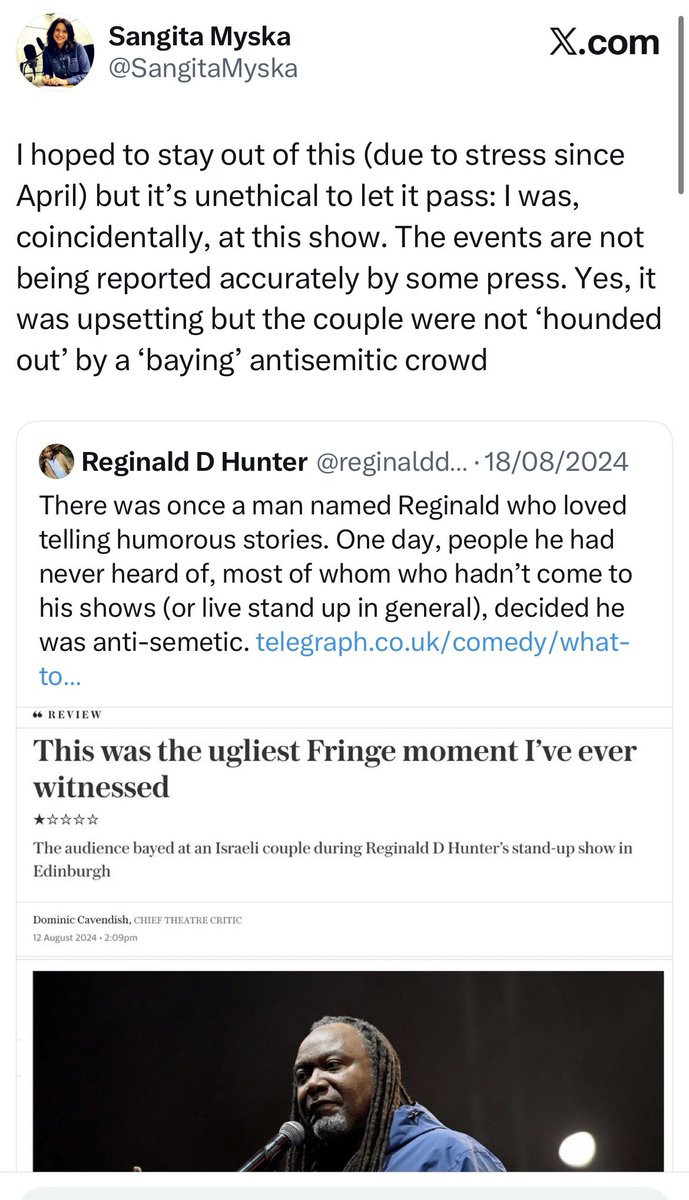 SangitaMyska's tweet image. BREAKING: Comedian @reginalddhunter is cleared after a private criminal prosecution brought against him by the Campaign Against Anti-Semitism was thrown out by the Judge who said the case was “calculated, wilful, abusive and improper”.   I was at that show; the judge is right.