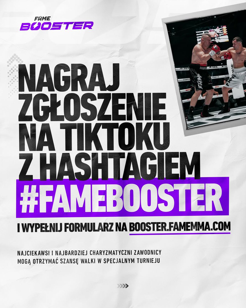 freakfajt's tweet photo. Weź udział w FAME BOOSTER i powalcz o złoto oraz kontrakt z FAME! 🔥  
Nagraj TikToka z przedstawieniem siebie, dodaj #FAMEBOOSTER i wypełnij formularz na https://t.co/3OP5VD8sNu.  
Najciekawsze osoby dostaną szansę wejścia do FAME 😎

#famemma https://t.co/lmlfOQzG3X
