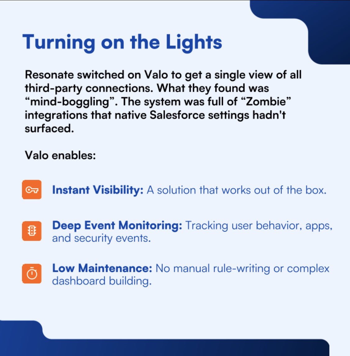ValoSecurity's tweet photo. We recently partnered with @resonatetweets to automated their review of connected apps and provide continuous monitoring for usage and adoption, performance and system health and security and compliance. Read the customer case below 1/2 https://t.co/TpGi8XsBrP