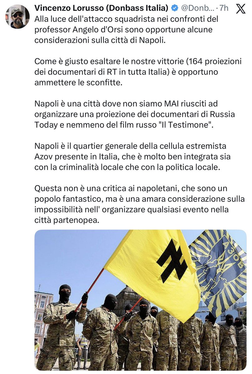 marsetac's tweet image. Sapete perché hanno contestato D’Orsi e Di Battista? Perché Napoli è il quartier generale della cellula dell’Azov in Italia! Letto un’ora fa ma ho finito solo ora di ridere. Ormai non c’è più limite al ridicolo…