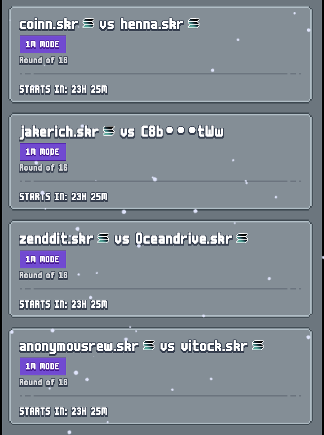 UPDATE: The Bracket Elimination of 32 players has concluded!

These are the 16 players for our Quarterfinals on 24 Dec 4pm UTC, competing for the Winter Cup $2,000 prize pool and Seeker phone:

1: 2. <a href="/0xkangsai/">Kangsai</a> VS 4. <a href="/Ostand66438/">Ostand</a>

2: 5. <a href="/AndToyToy/">deroc</a> VS 8. <a href="/drescoto/">drescoto 🩻</a>

3: 10.