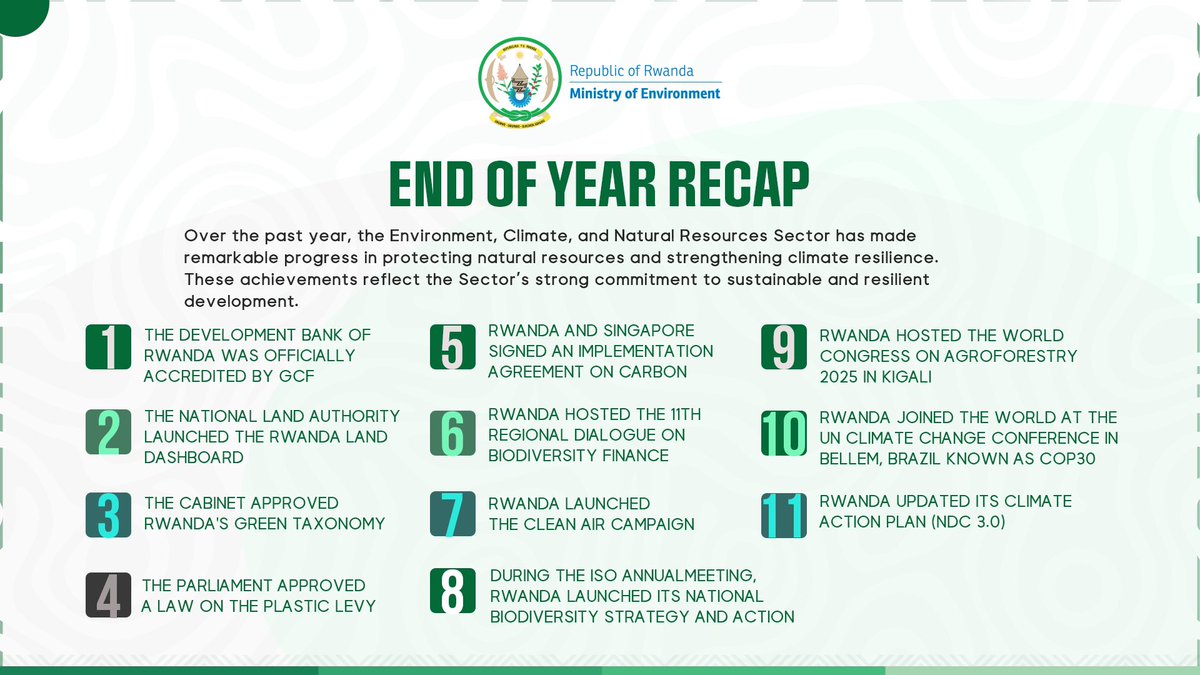 🟢END OF YEAR RECAP

In 2025, the Environment, Climate, and Natural Resources Sector has made remarkable progress in protecting natural resources and strengthening climate resilience. 

Here’s a look at the key milestones: