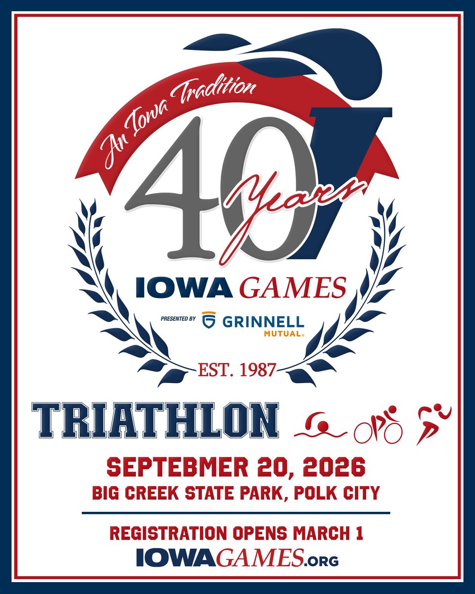 IowaGames's tweet image. 📰BIG NEWS⚠️ The 2026 Summer Iowa Games Triathlon will be September 20 at Big Creek State Park. 

Share with your triathlete friends and SAVE THE DATE • March 1 when registration opens at iowagames.org.

#IowaGames #Triathlon #IG40