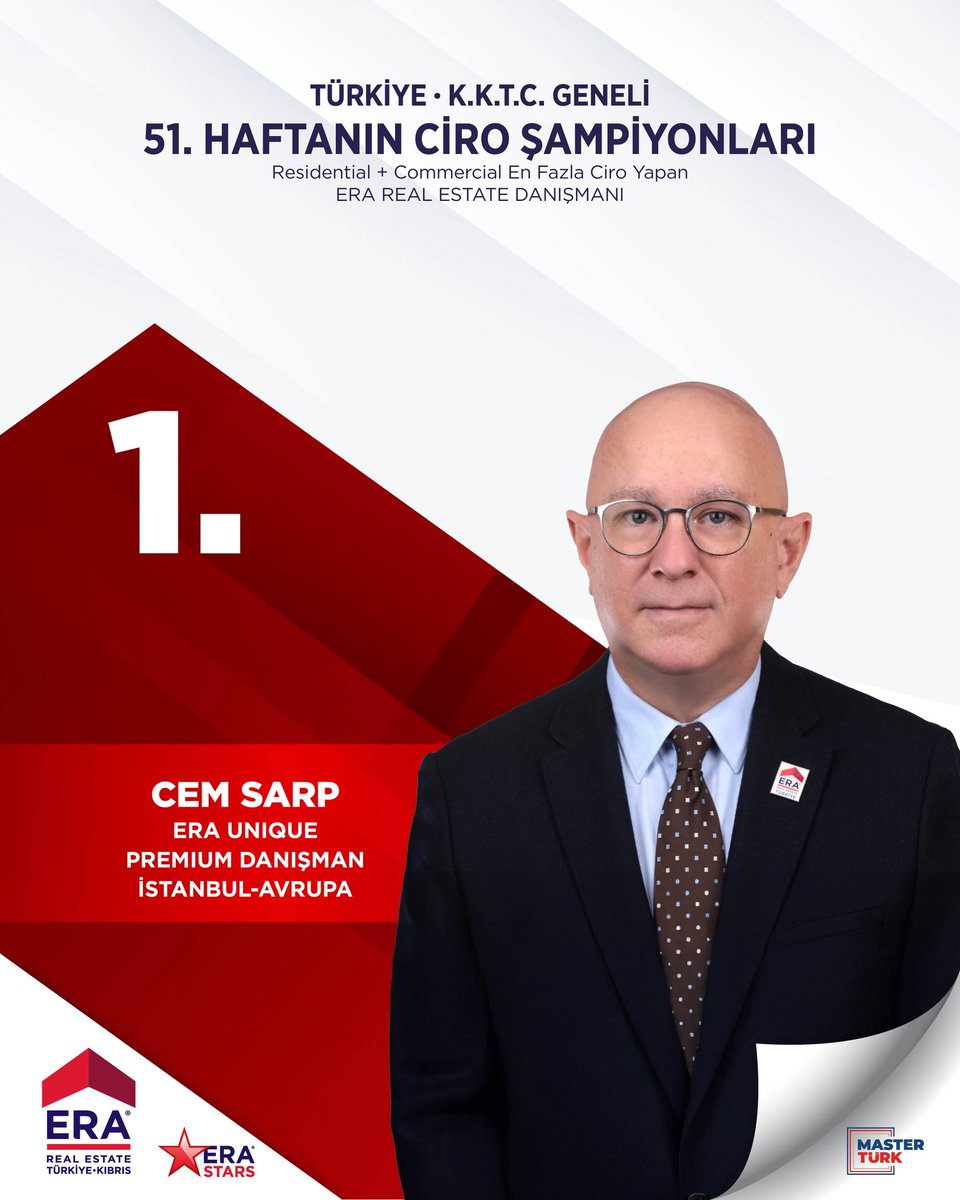 Türkiye &amp; K.K.T.C. genelinde 51. Hafta Residential + Commercial kategorilerinde en yüksek ciroyu gerçekleştirmiş olmanın gururunu yaşıyorum.

#ERASTARS #CiroŞampiyonu #ERAUnique #PremiumDanışman
#İstanbulGayrimenkul #LuxuryRealEstate #TrustAndResults #cemsarp