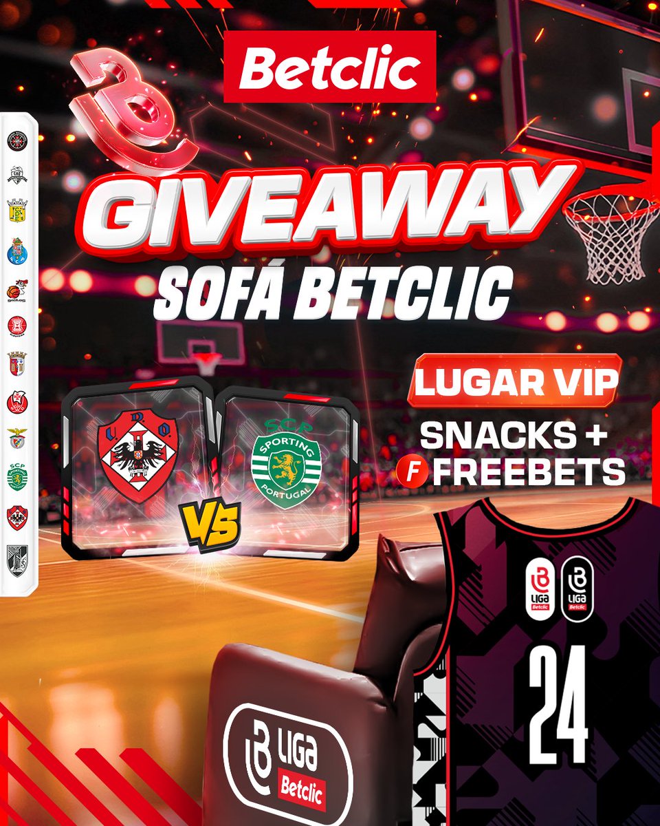 🏀 SOFÁ BETCLIC 🔥 Vai ver o UD Oliveirense-Sporting CP da #LigaBetclic com direito a Lugar Vip, Snack, Jersey e Freebets!

- Segue a <a href="/BetclicPortugal/">Betclic Portugal 🔞</a> + <a href="/fpbasquetebol/">Basquetebol Portugal</a>
- Dá RT + Like
- Identifica quem levas contigo

1 comentário por pessoa.
Vencedor anunciado sexta-feira.