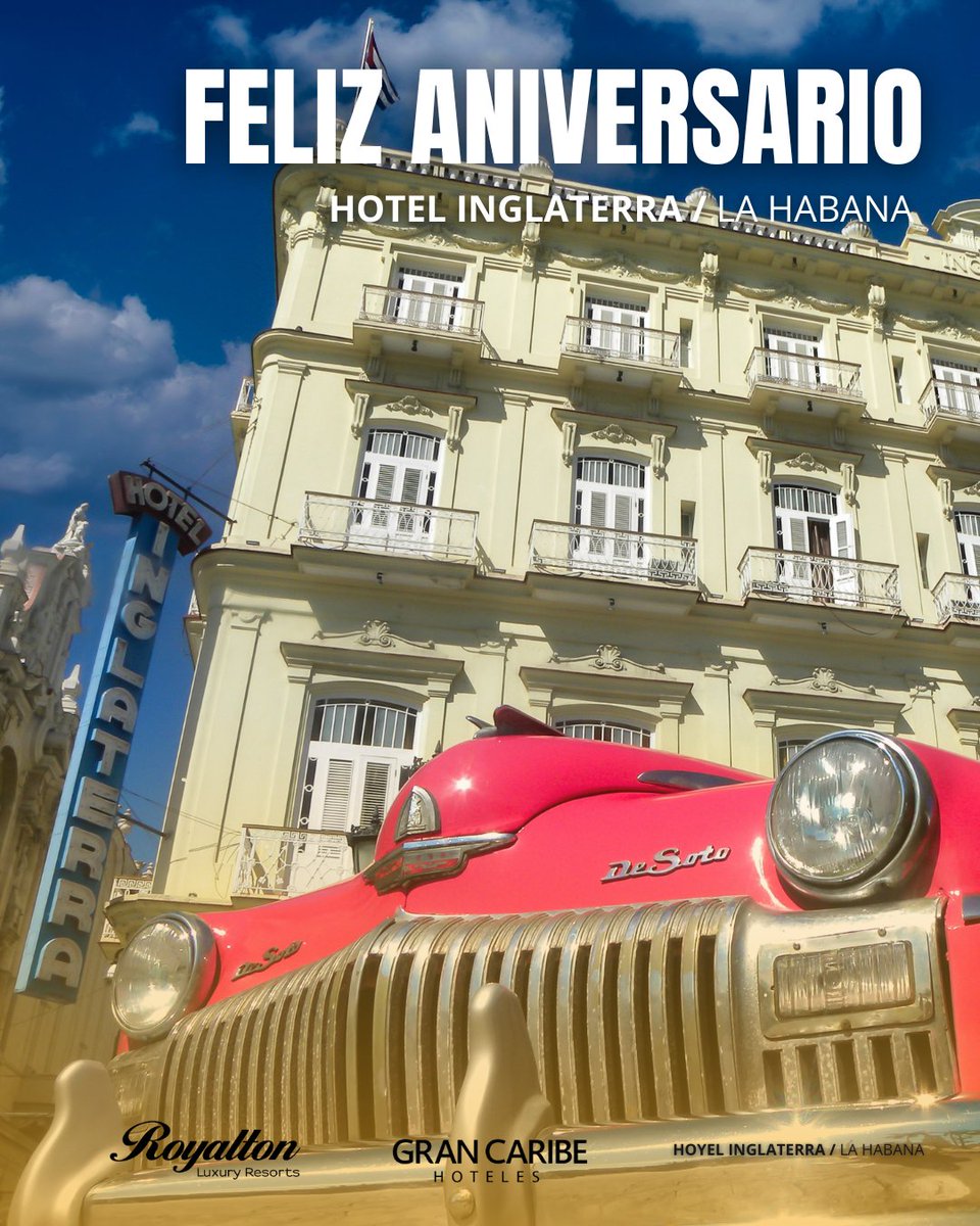 🥳 Hoy celebramos el 150 aniversario del Hotel Inglaterra, un símbolo de La Habana que ha acogido a personalidades de todo el mundo con la hospitalidad que nos caracteriza.🤗

¡Brindamos por 150 años más de historias!🎊 

#HotelInglaterra #150Aniversario #LaHabana #GranCaribe