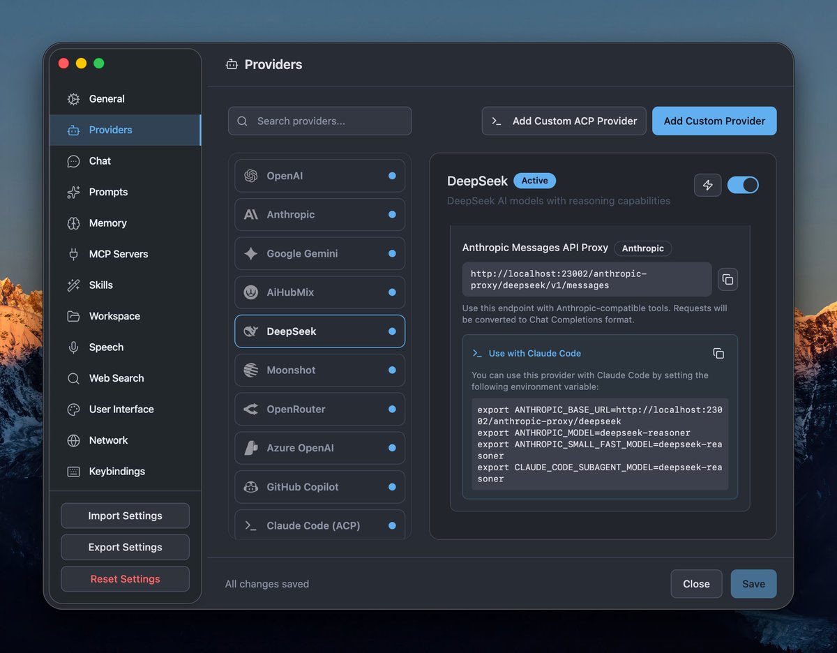 이 기능을 출시했을 때 짐작하셨겠지만, Alma는 백그라운드에서 프록시를 실행하여 모든 Provider의 OpenAI 호환 API를 Anthropic 호환 API로 자동 변환합니다. 저는 이 기능이 매우 유용하다고