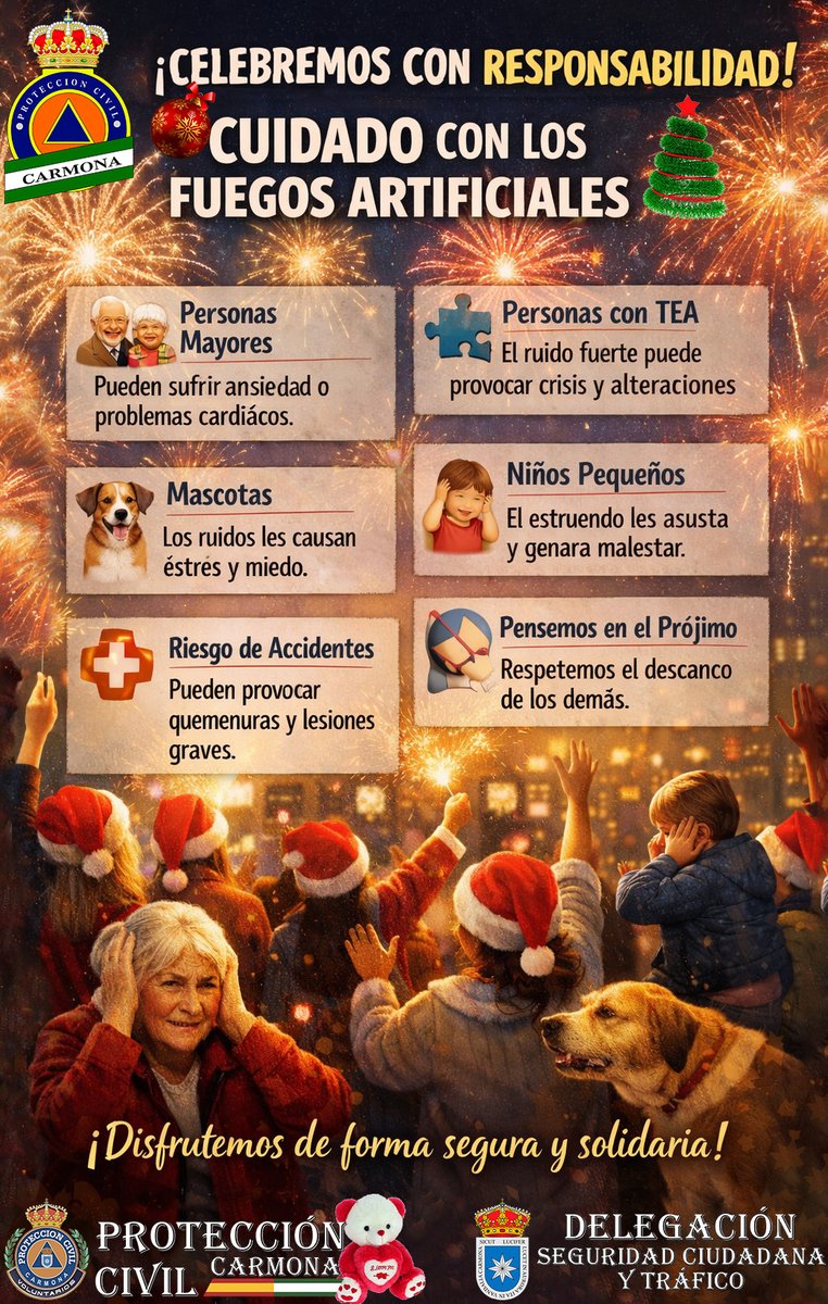 Recuerda que los fuegos artificiales y los petardos están prohibidos, y pueden acarrear una sanción administrativa, no solo eso, perjudica a nuestros animales y les pueden acarrear incluso la muerte. Para las personas mayores, niños y personas con TEA pueden ser un sufrimiento.