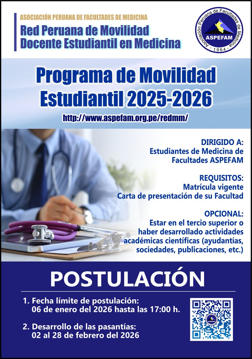 ASPEFAM's tweet image. ✅ 𝗣𝗿𝗼𝗴𝗿𝗮𝗺𝗮 𝗱𝗲 𝗠𝗼𝘃𝗶𝗹𝗶𝗱𝗮𝗱 𝗘𝘀𝘁𝘂𝗱𝗶𝗮𝗻𝘁𝗶𝗹 𝟮𝟬𝟮𝟱-𝟮𝟬𝟮𝟲
Fecha límite de postulación: 06 de enero del 2026 hasta las 17:00 h.
➡️Cronograma: goo.su/UHYO1Bx
➡️Bases: goo.su/4D3rI
➡️Mayor información: aspefam.org.pe/redmm/