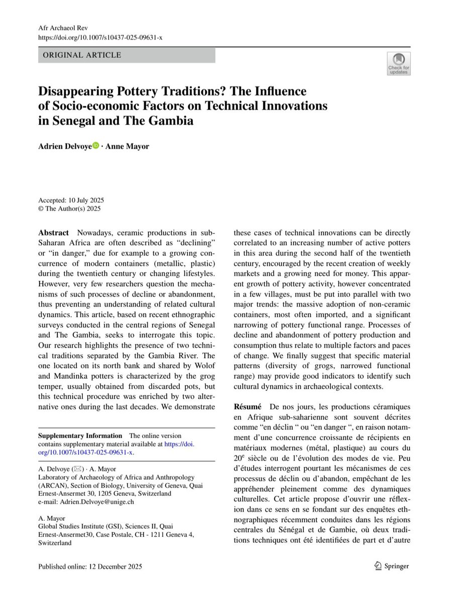 Digging_Africa's tweet photo. 🎅🏾 Christmas paper alert! 🎅🏾
 Are African pottery traditions really disappearing? New article in the Afr. Arch. Review on central Senegal and The Gambia (A. Delvoye and A. Mayor)
@UNIGEnews @sciences_UNIGE #ethnoarchaeology #Africa https://t.co/yf5Hr6fnCz