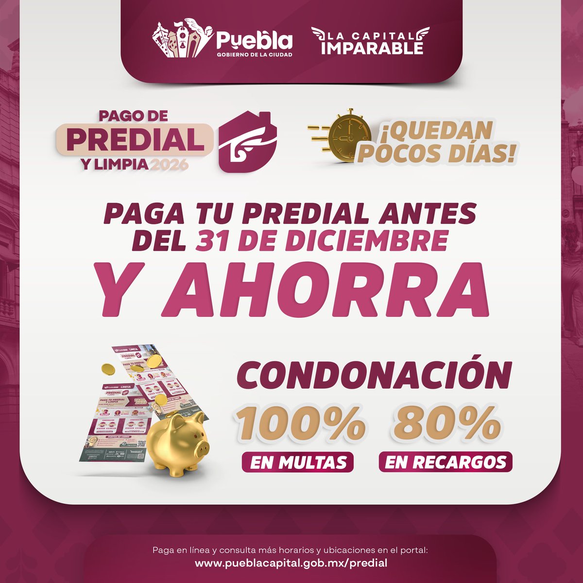 ⏳💳 ¡Aún estás a tiempo! Aprovecha los últimos días del pago anticipado del Predial 2026.

Al pagar con anticipación conservas la tarifa 2025, accedes a beneficios y apoyas las acciones para seguir fortaleciendo los servicios y espacios de nuestra ciudad. 🏙️✨

📅 Vigente hasta