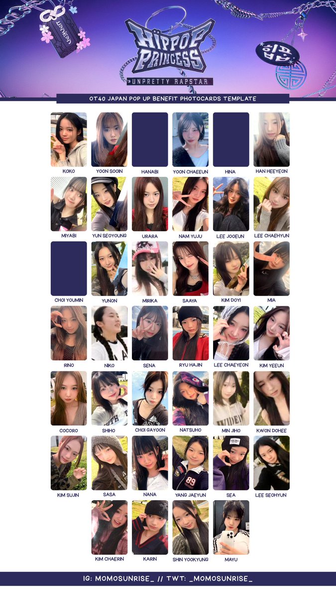 _momosunrise_'s tweet photo. UNPRETTY RAPSTAR: HIP POP PRINCESS 💜 OT40 POP UP Merch Benefit Photocard Templates

HD: https://t.co/r2WGO37dZi

Feel free to send me better pics/pcs that I am missing ⭐️

wishlist poca template ヒポプリ トレカ 交換 쇼케이스 포토카드 포카 미공포 #힙팝프린세스 #HipHopPrincess https://t.co/nvbCROuECf