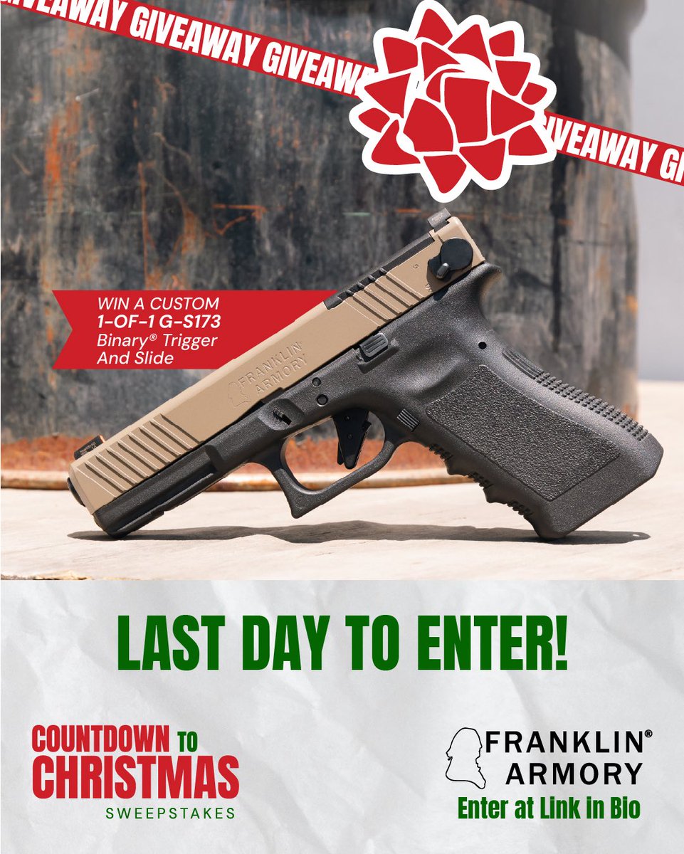 FranklinArmory's tweet image. Today is the last day to enter the giveaway! Don’t miss out on your chance to win one of these custom Binary trigger and slide kits. Make sure your friends are entered too! #BinaryGiveaway #Giveaway #PewPew #Glock