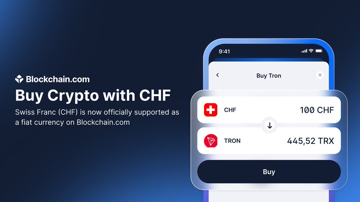 blockchain's tweet image. 🇨🇭 Swiss Franc (CHF) is now officially supported as a fiat currency on Blockchain.com.

Users across Switzerland and Liechtenstein can deposit, withdraw, and trade directly in CHF.

Learn more 👉 blockchain.com/blog/posts/exp…