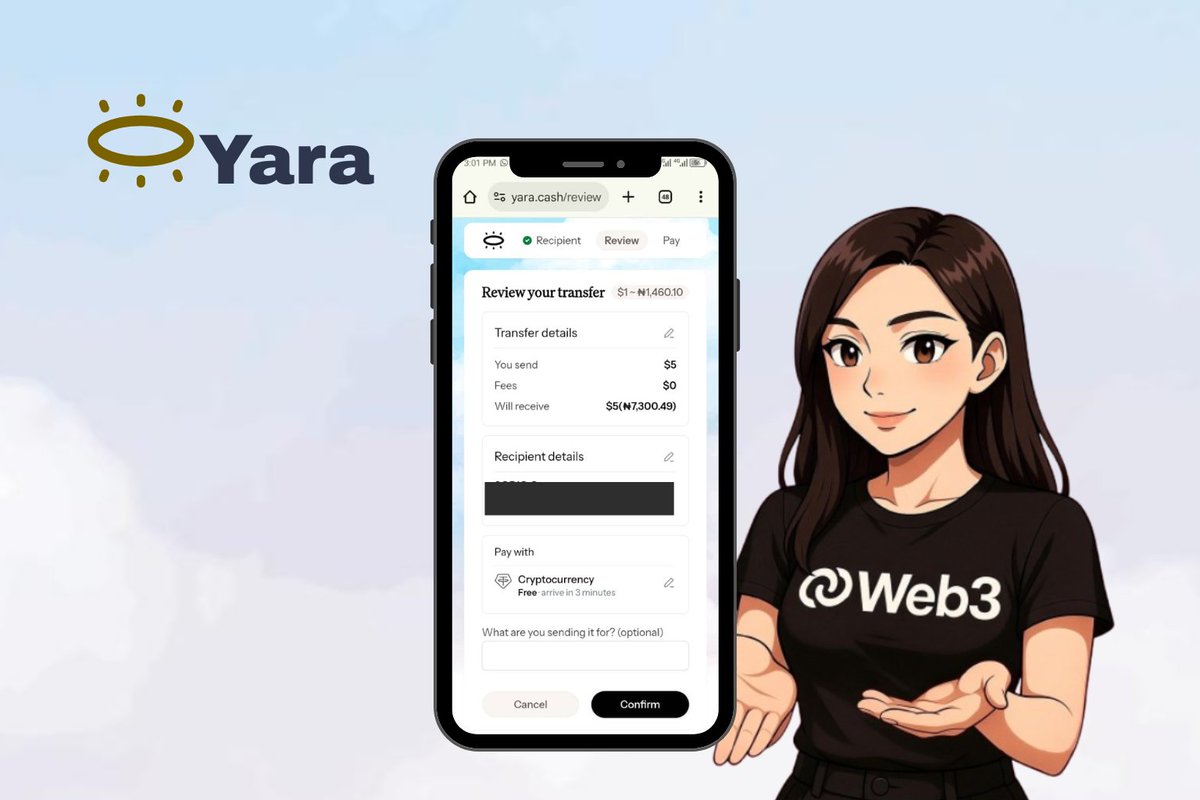 LadyinDefi_'s tweet photo. My experience using Yara was smooth.
Fast, simple, and practical for everyday payments.
This is how sending money to Africa should feel.

Review your transfer before sending👇 https://t.co/e6ehEyBTZZ