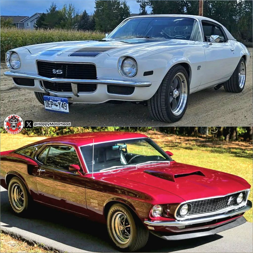 HappyMotorhead's tweet image. Muscle car showdown: Top – Clean white 1970 Camaro SS split-bumper beauty 😍  
Bottom – Fiery red 1969 Mustang Mach 1 with that iconic scoop 🔥  

Chevy loyalists or Ford fanatics – which one takes the crown and why? No wrong answers... except one 😉  

#MuscleCars #Camaro…