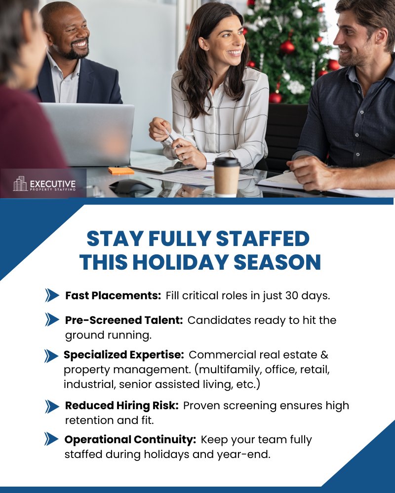 Executive_PS's tweet image. The end of the year is not a pause—it’s a strategic advantage.

Executive Property Staffing, LLC is fully active throughout the holidays, helping organizations fill critical roles across commercial real estate, property management, and senior living.