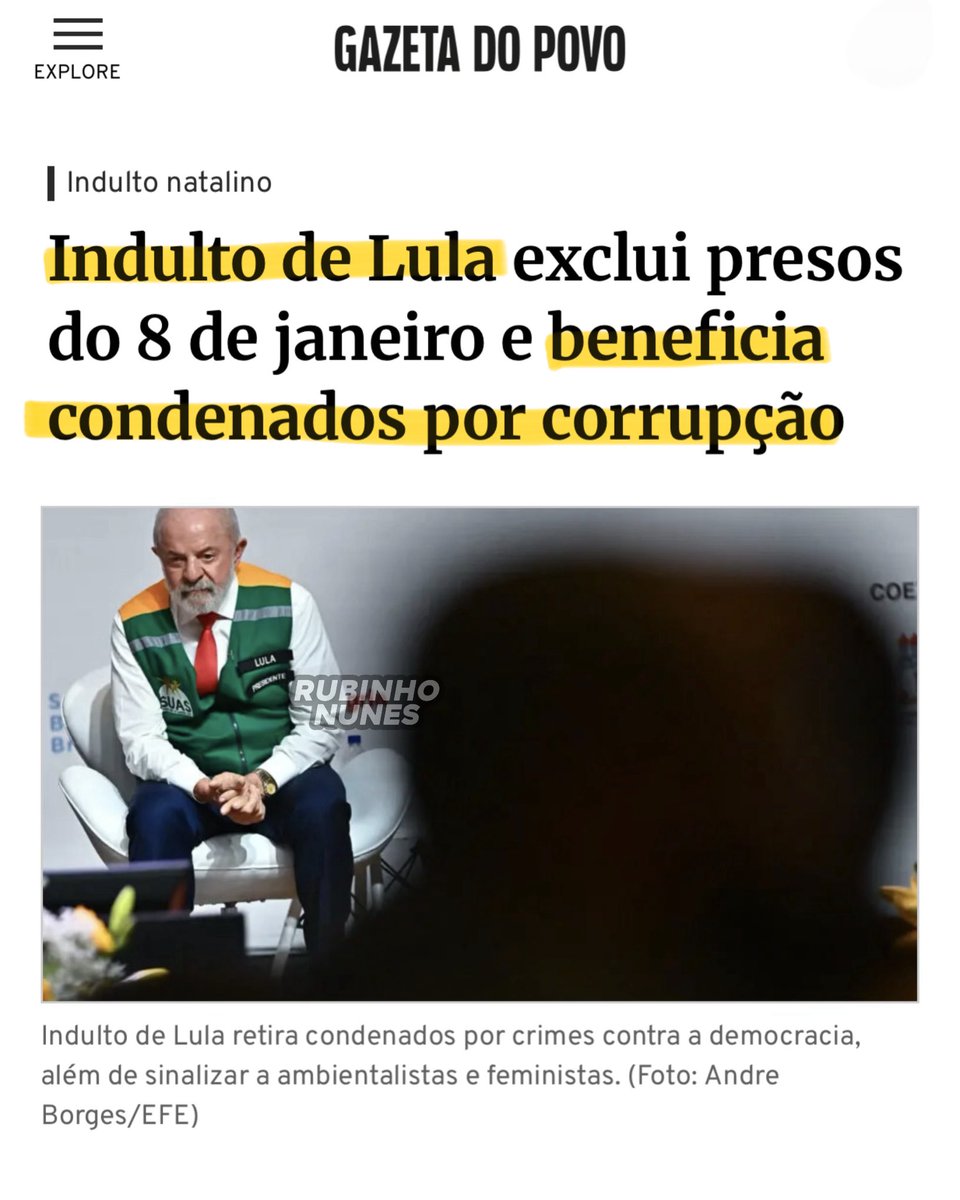 RubinhoNunes's tweet image. Lula assinou o indulto de Natal e mostrou suas prioridades.

Presos do 8 de janeiro ficam de fora, nem idosos, nem doentes entram.

Mas o decreto beneficia condenados por corrupção, peculato, lavagem de dinheiro e fraude em licitações.
Para o governo, esses merecem perdão.

No…