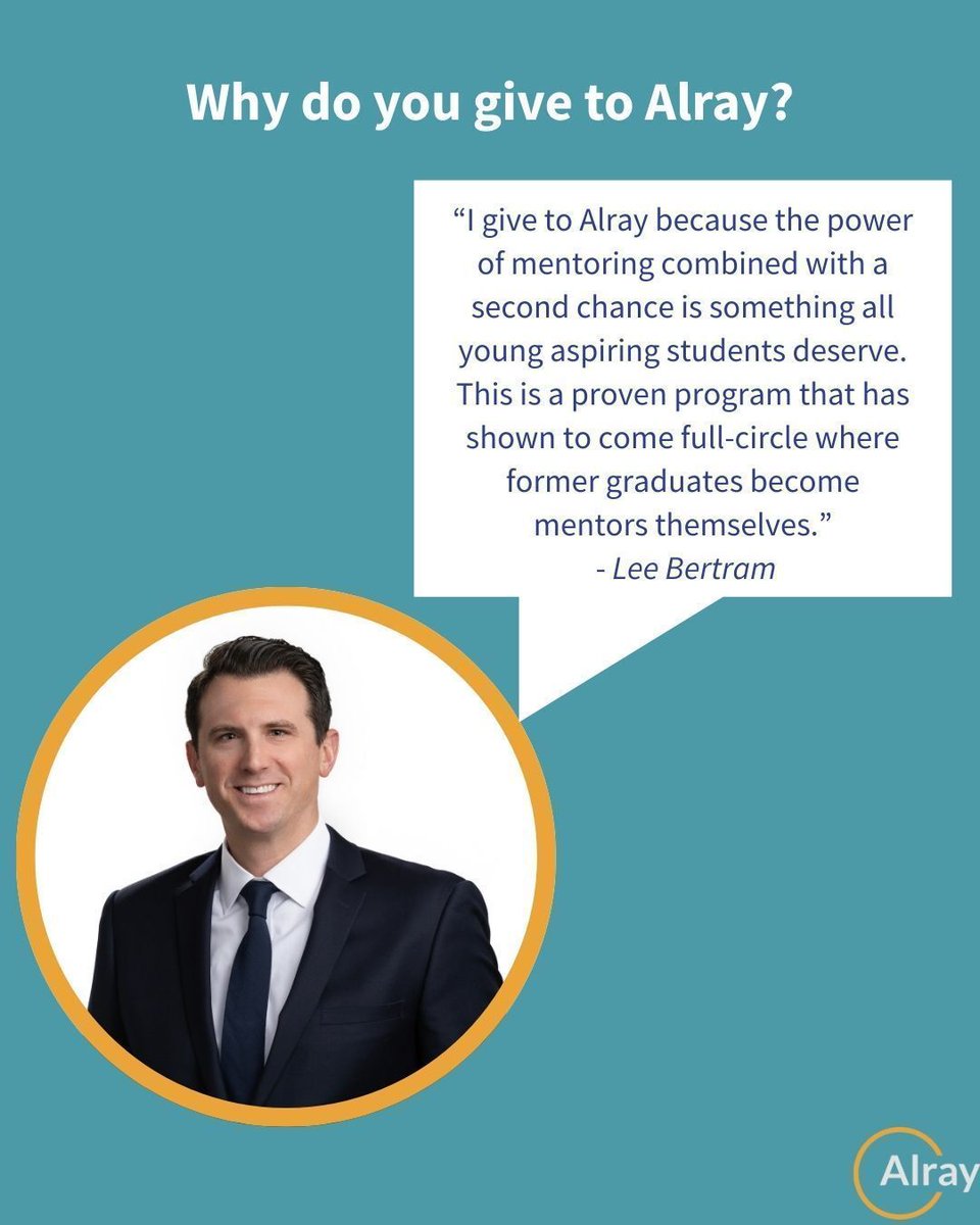 Next in our Why I Give series, donor Lee Bertram highlights what makes Alray’s approach so powerful: combining mentoring with second chances.
By supporting a program where scholars grow into mentors and leaders, Lee helps sustain a cycle of opportunity and impact.💙

#WhyIGive
