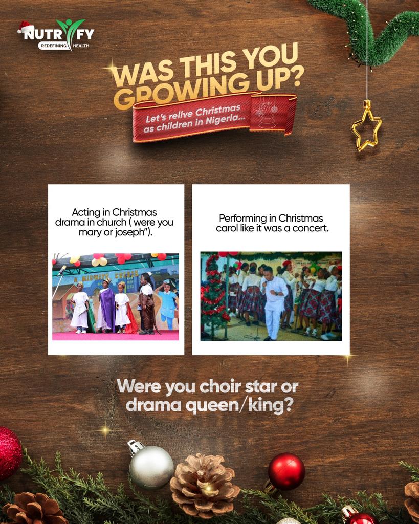 NutrifyNigeria's tweet image. 2 days to Christmas 🎄  
Let’s reminisce again about growing up...

Were you cast as baby Jesus in the church drama? 🕊️  
Or did you perform like Christmas was your concert debut? 🎤😂

Whichever it was, we want to hear it! 👇  
#christmascountdown #day4 #nutrify #nostalgiaseries