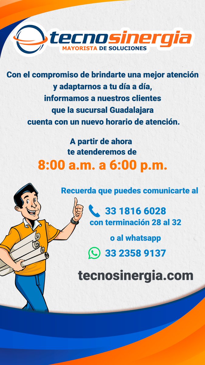 📢 Comunicado importante
A nuestros clientes de Guadalajara

A partir de ahora, nuestra sucursal Guadalajara atenderá en un nuevo horario:
🕗 8:00 a.m. a 6:00 p.m.

📞 Tel: 33 1816 6028 (ext. 28 al 32)
💬 WhatsApp: ow.ly/2jng50XNLpG