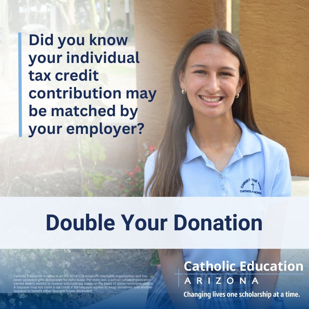 Double your impact and change even more lives! Click here to see if your employer will match your contributions. Tax Year 2025 credits can be contributed through April 15, 2026.
catholiceducationarizona.org/matching-gifts/

#CatholicEducationArizona #Arizona #Education #scholarships