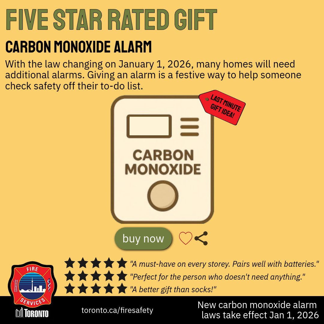 Toronto_Fire's tweet image. Last minute gift idea! Carbon monoxide alarms: a practical, lifesaving gift that everyone will thank you for. New laws take effect Jan 1, 2026 #Toronto #safety