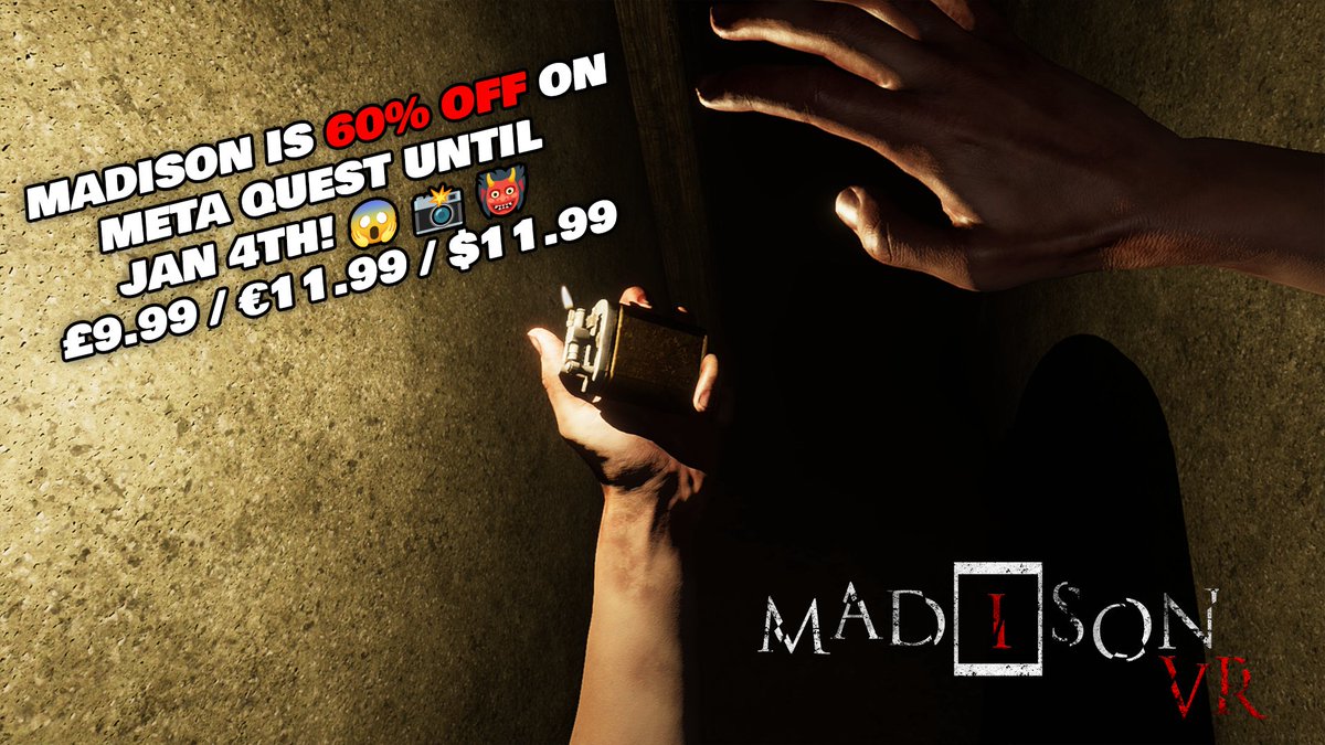 PerpGames's tweet photo. The SCARIEST game of all time, now with an even scarier (in a good way) price π₯
Get #MADiSONVR for 60% off on #MetaQuest until Jan 4th... if you're brave enough
#VR #Gaming https://t.co/pfHHcrcoCQ