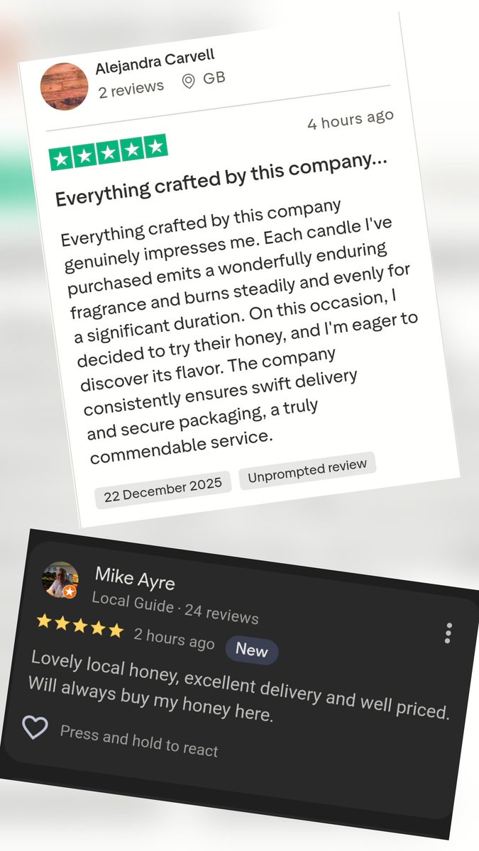 eve_bees's tweet image. What a way to end 2025! Two amazing reviews received today and how they made us smile 😃 
Thank you to everyone who takes the time to leave a review. It really does mean a lot and helps our business continue to grow. 💛🐝🍯🕯
#LincsConnect #thecraftersuk #CraftBizParty
